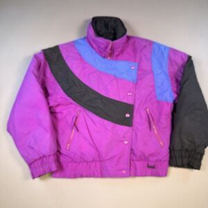 Vintage 80s Edelweiss Ski Puffer Jacket Womens Med Pink Purple Black Colorblock